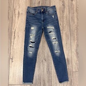 American Eagle: Dark Patch,  Raw Hem, Distressed, High Rise Jeans. 4 Short. W26